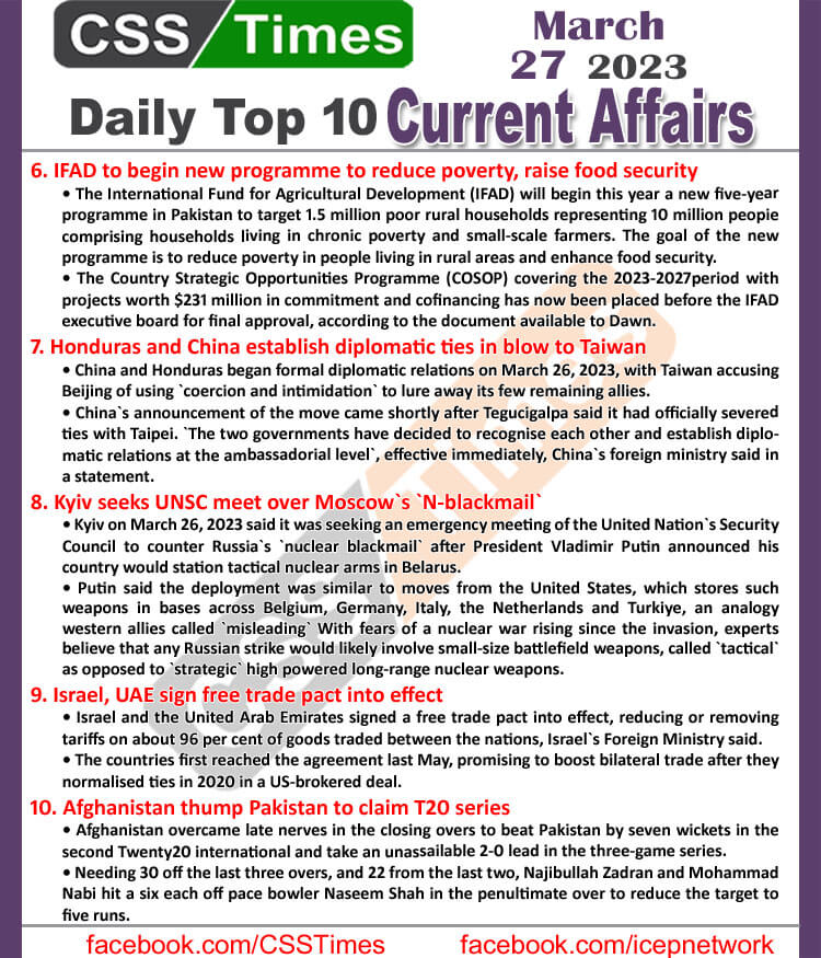 Daily Top-10 Current Affairs MCQs / News (March 27 2023) for CSS