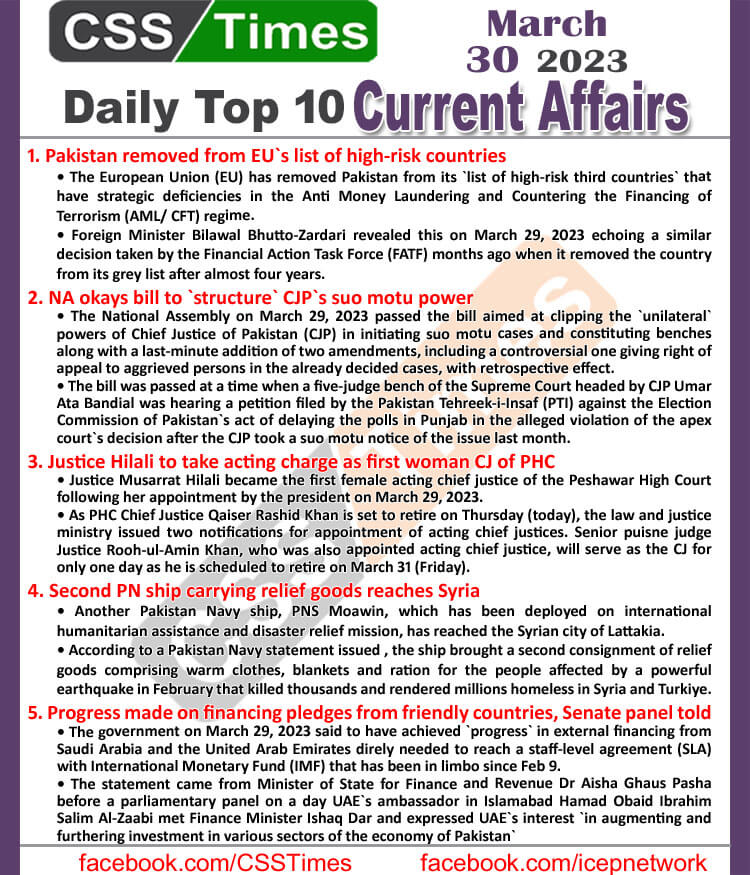 Daily Top-10 Current Affairs MCQs / News (March 30 2023) for CSS