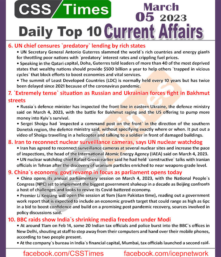 Daily Top-10 Current Affairs MCQs / News (March 05 2023) for CSS