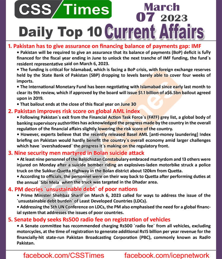 Daily Top-10 Current Affairs MCQs / News (March 05 2023) for CSS