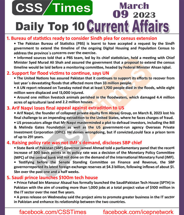 Daily Top-10 Current Affairs MCQs / News (March 09 2023) for CSS