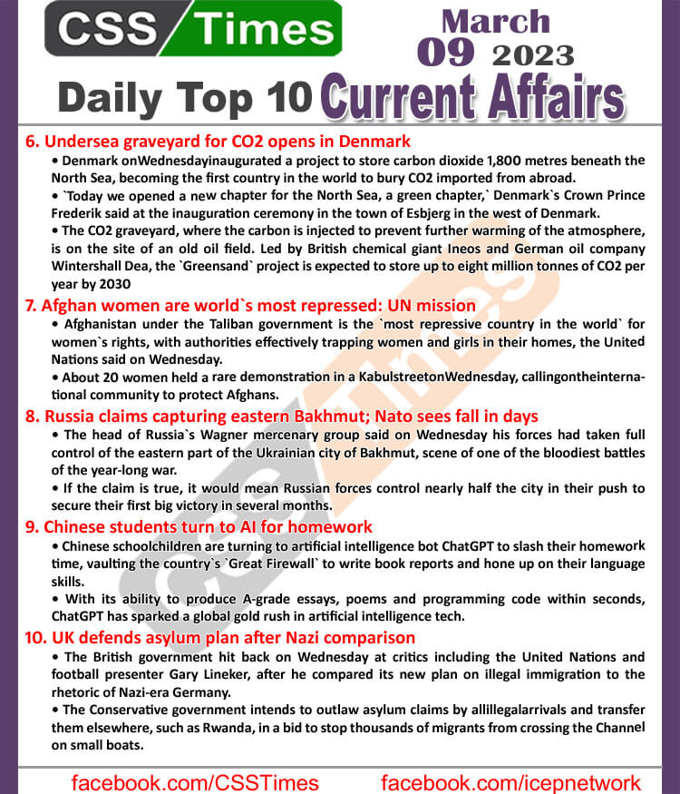 Daily Top-10 Current Affairs MCQs / News (March 09 2023) for CSS