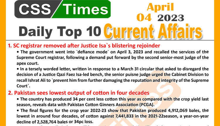 Daily Top-10 Current Affairs MCQs / News (April 04 2023) for CSS