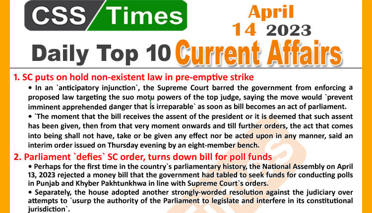 Daily Top-10 Current Affairs MCQs / News (April 14 2023) for CSS