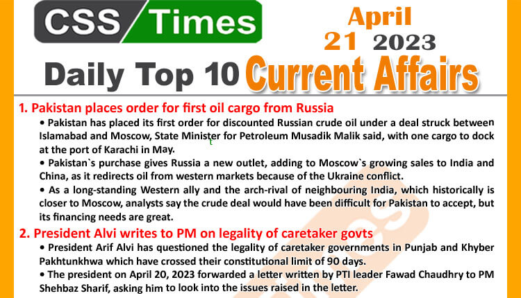 Daily Top-10 Current Affairs MCQs / News (April 21 2023) for CSS