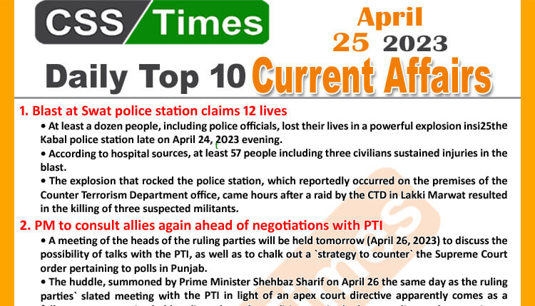 Daily Top-10 Current Affairs MCQs / News (April 25 2023) for CSS