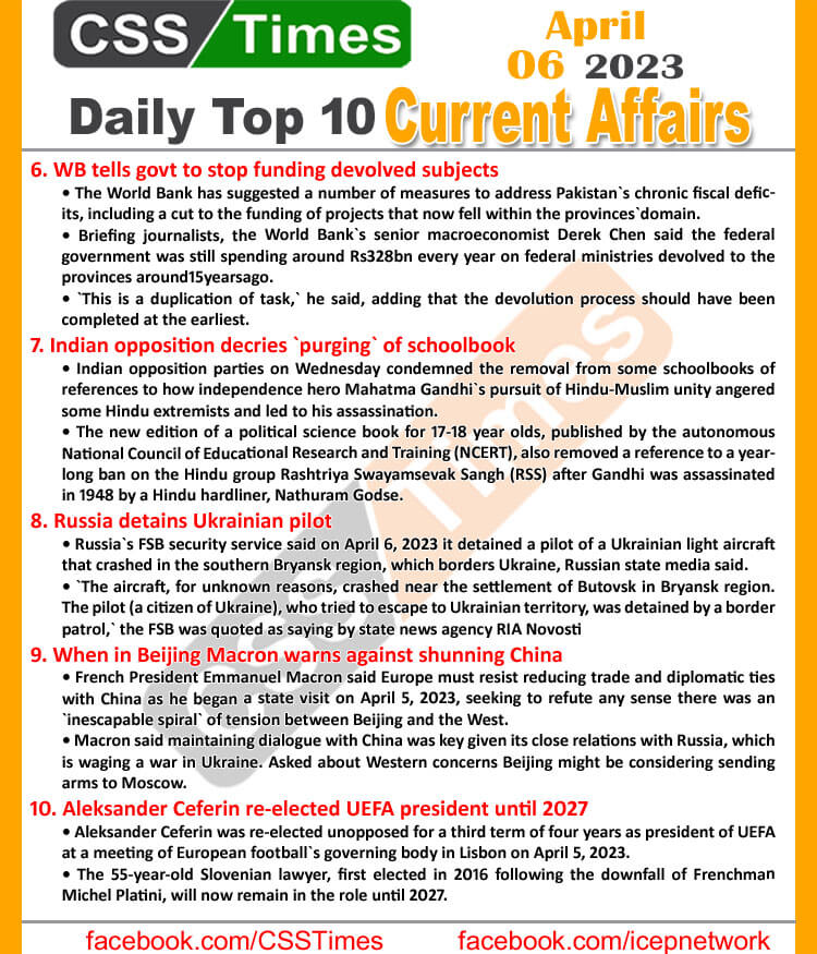 Daily Top-10 Current Affairs MCQs / News (April 06 2023) for CSS