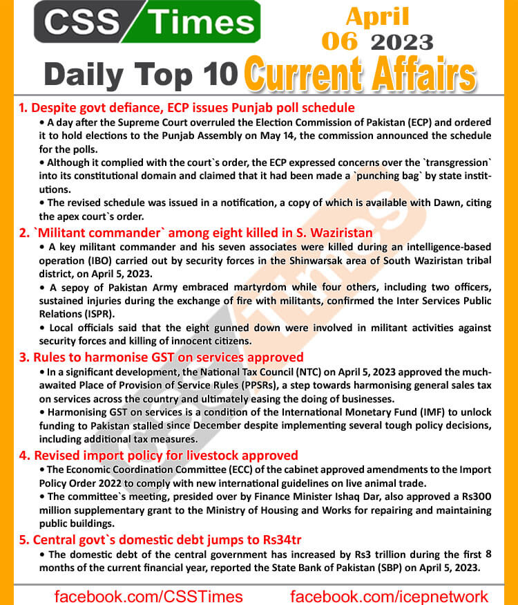 Daily Top-10 Current Affairs MCQs / News (April 06 2023) for CSS