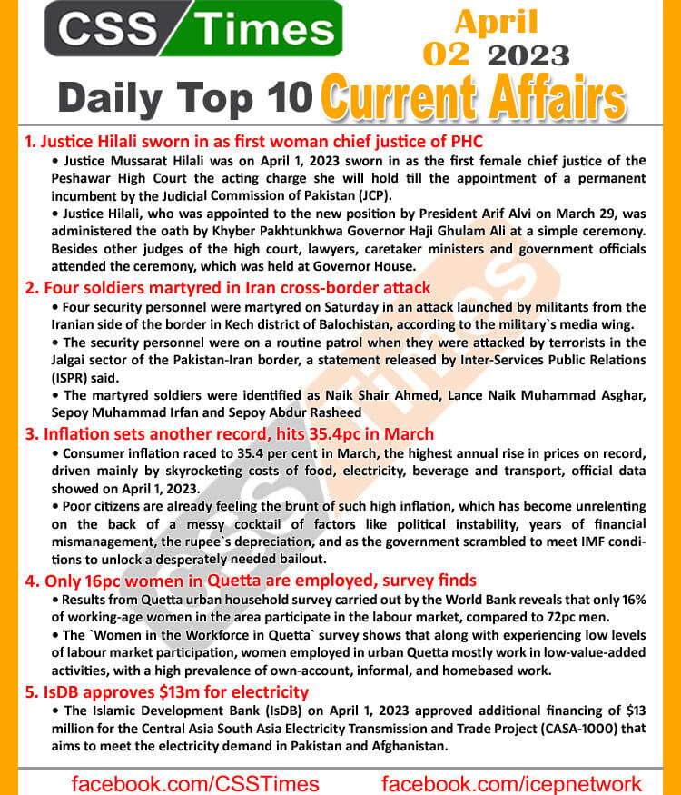 Daily Top-10 Current Affairs MCQs / News (April 02 2023) for CSS