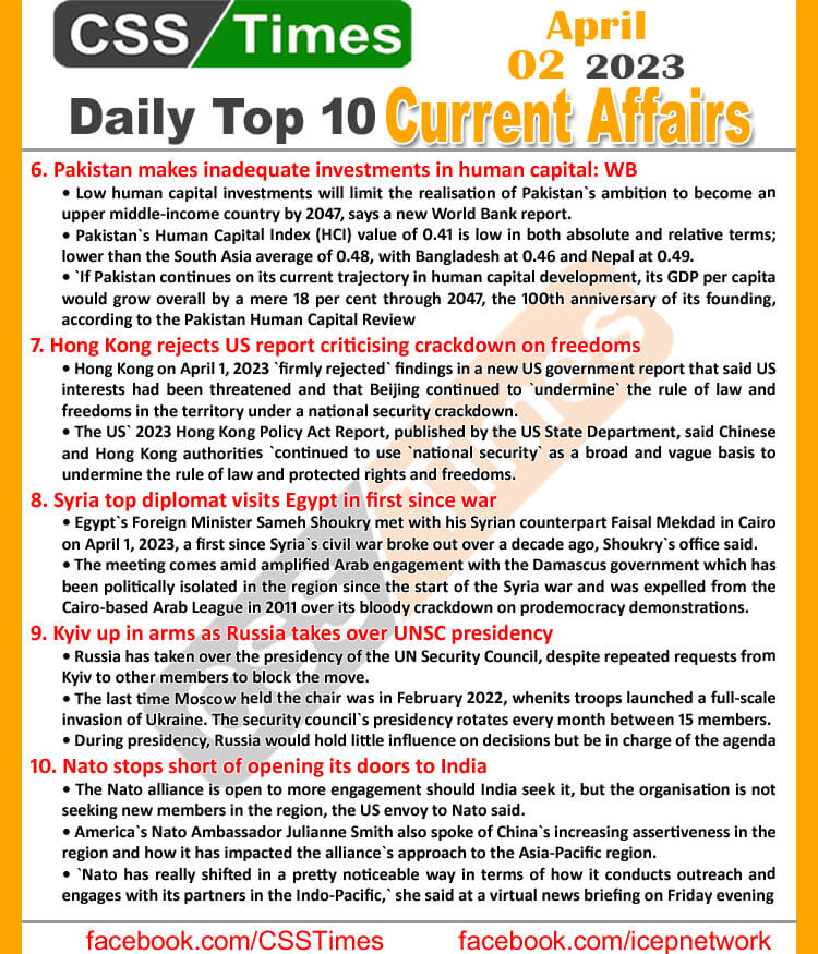 Daily Top-10 Current Affairs MCQs / News (April 02 2023) for CSS