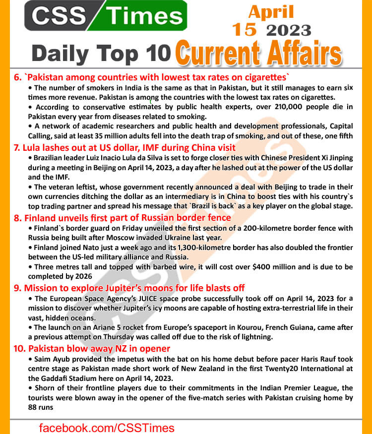 Daily Top-10 Current Affairs MCQs / News (April 15 2023) for CSS