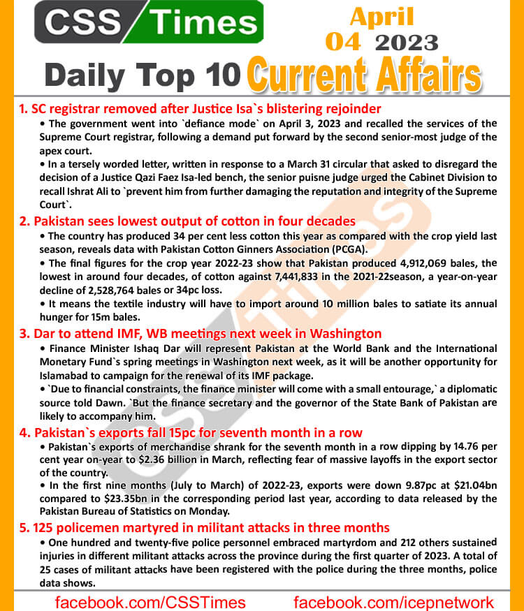 Daily Top-10 Current Affairs MCQs / News (April 04 2023) for CSS