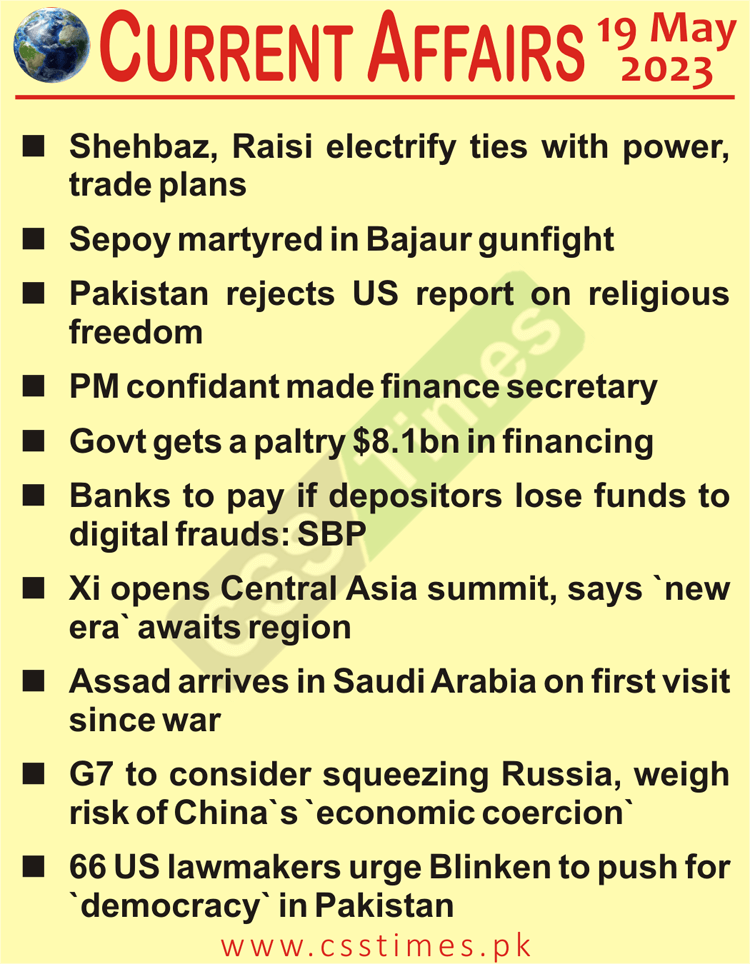 Daily Top-10 Current Affairs MCQs / News (May 19 2023) for CSS