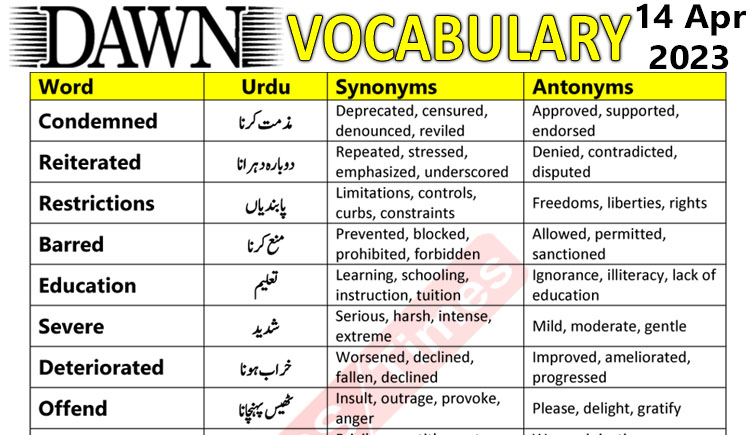 Daily DAWN News Vocabulary with Urdu Meaning (14 April 2023)