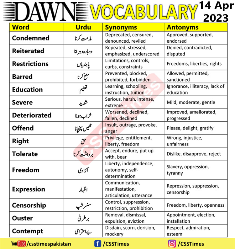 Daily DAWN News Vocabulary with Urdu Meaning (14 April 2023)