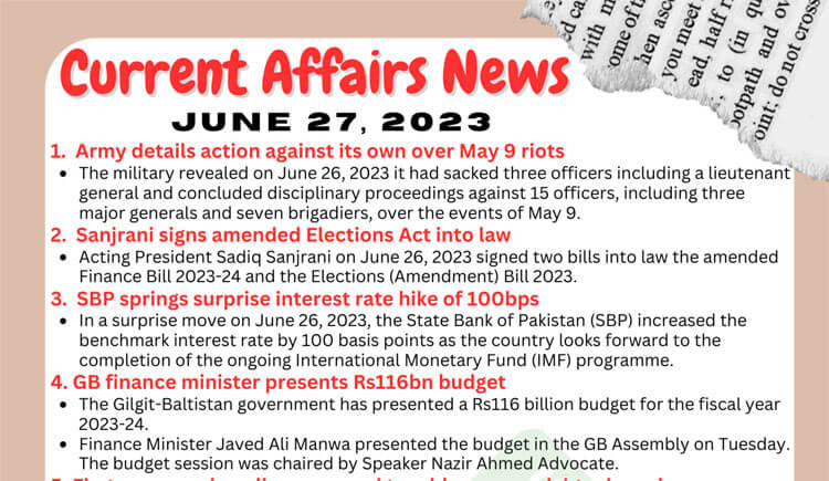 Daily Top-10 Current Affairs MCQs / News (June 27 2023) for CSS