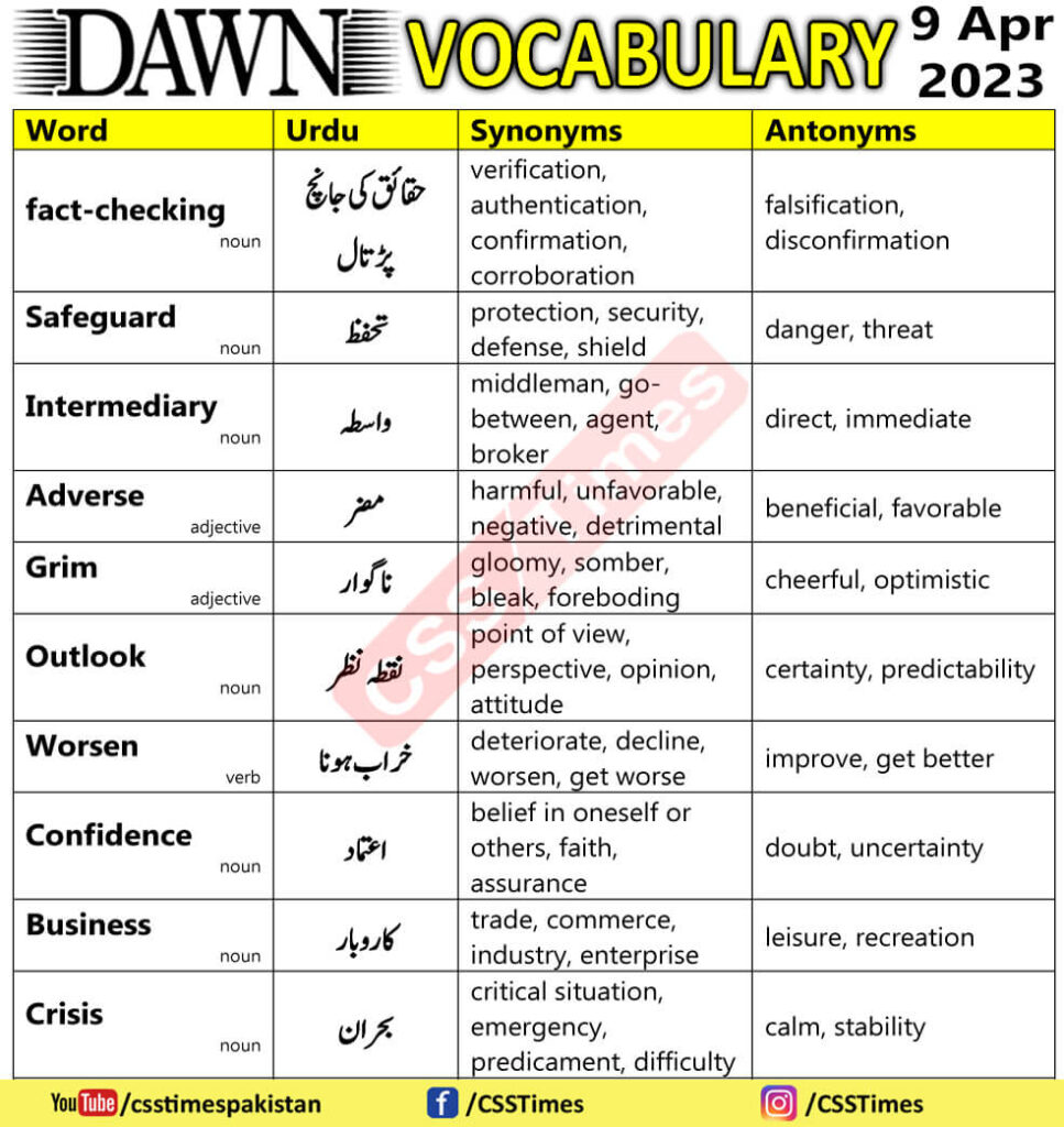 Daily DAWN News Vocabulary with Urdu Meaning (09 April 2023)