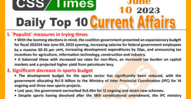 Daily Top-10 Current Affairs MCQs / News (June 10 2023) for CSS