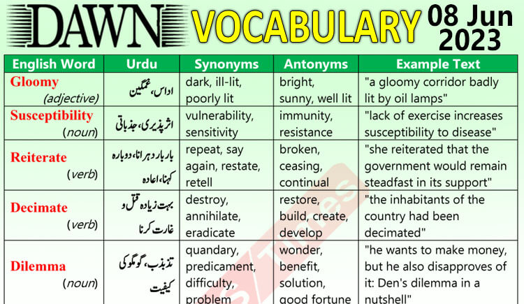 Daily DAWN News Vocabulary with Urdu Meaning (08 June 2023)