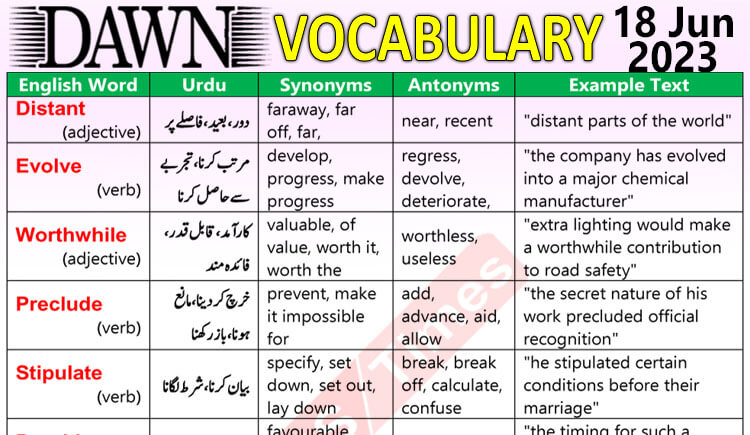 Daily DAWN News Vocabulary with Urdu Meaning (18 June 2023)