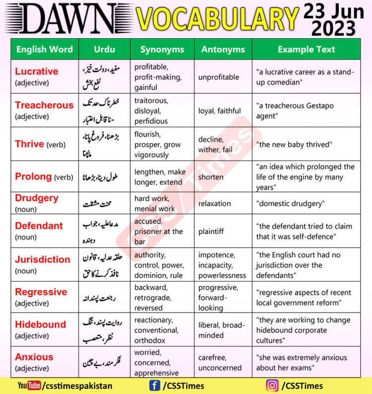 Daily DAWN News Vocabulary with Urdu Meaning (23 June 2023)