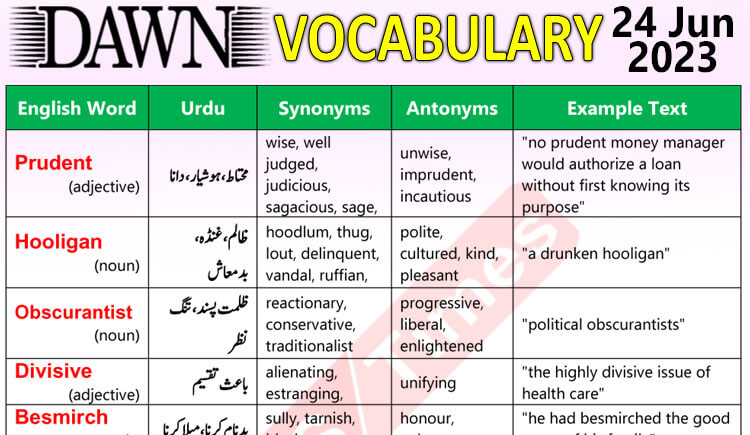 Daily DAWN News Vocabulary with Urdu Meaning (24 June 2023)