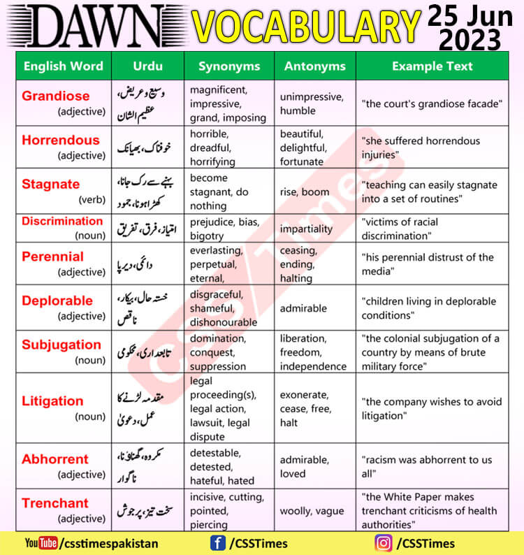 #Daily #DAWN News #Vocabulary with #UrduMeaning 📖🔠 🗓️ (25 #June 2023) 👉 Follow us @ Twitter: https://www.twitter.com/CssTimes #englishvocabulary #englishlearning #englishgrammar #grammar #css #PMS #csstimes #CSSTimesEnglish
