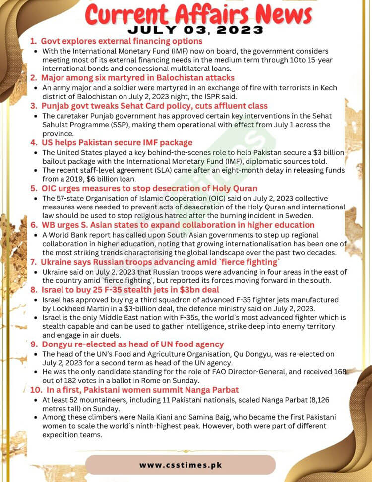 Daily Top-10 Current Affairs MCQs / News (July 03 2023) for CSS