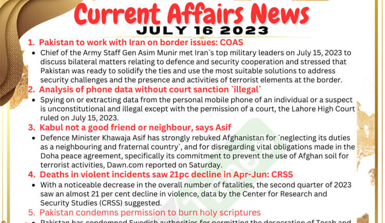 Daily Top-10 Current Affairs MCQs / News (July 16 2023) for CSS