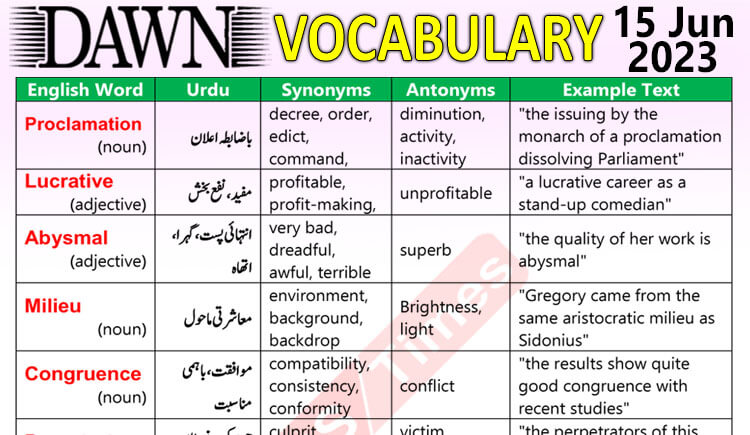Daily DAWN News Vocabulary with Urdu Meaning (15 June 2023)