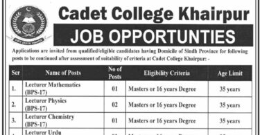 Job Opportunities in Cadet College Khairpur