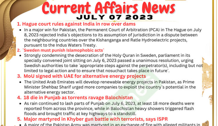 Daily Top-10 Current Affairs MCQs / News (July 07 2023) for CSS