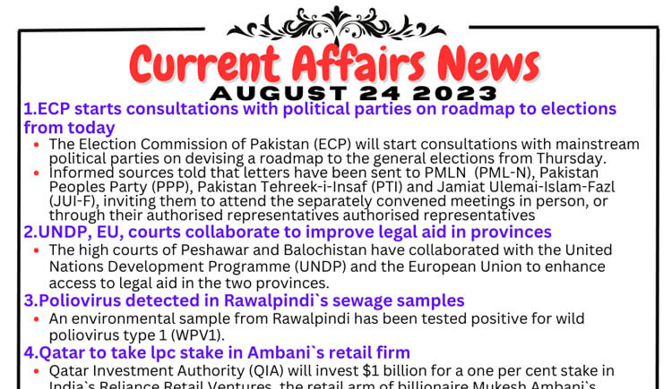Daily Top-10 Current Affairs MCQs / News (August 24 2023) for CSS