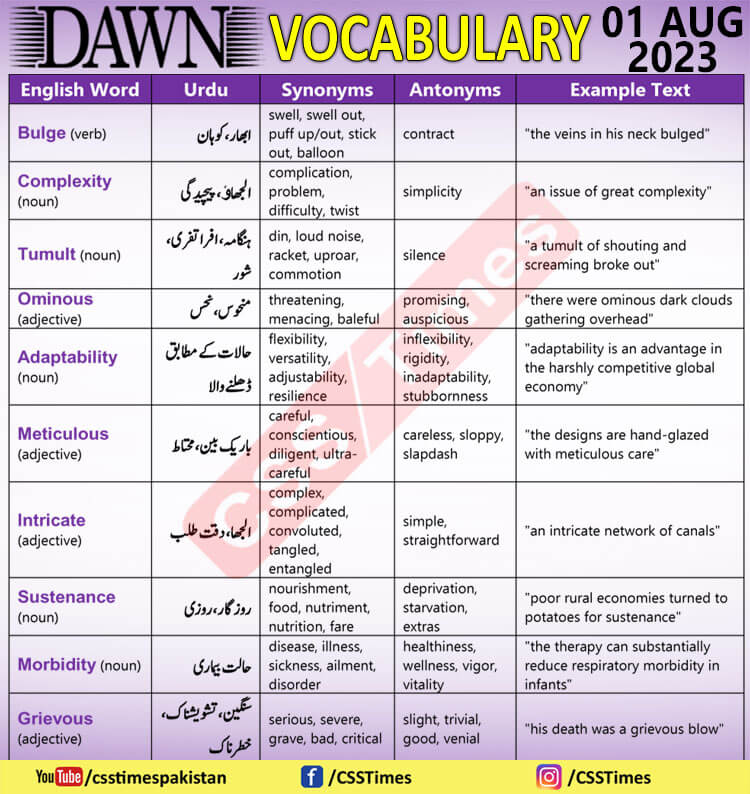 Daily DAWN News Vocabulary with Urdu Meaning (01 Aug 2023)