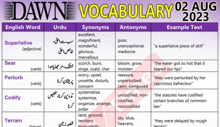 Daily DAWN News Vocabulary with Urdu Meaning (02 Aug 2023)