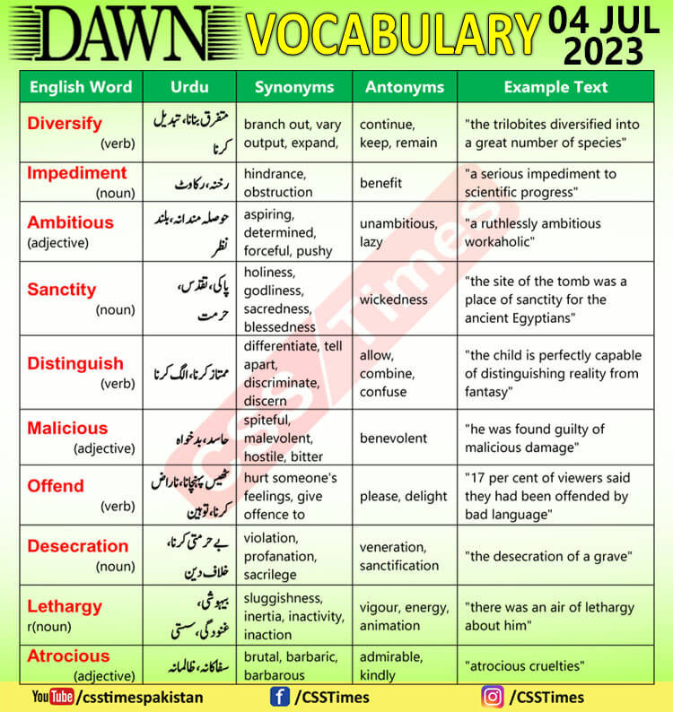 Daily DAWN News Vocabulary with Urdu Meaning (04 July 2023)