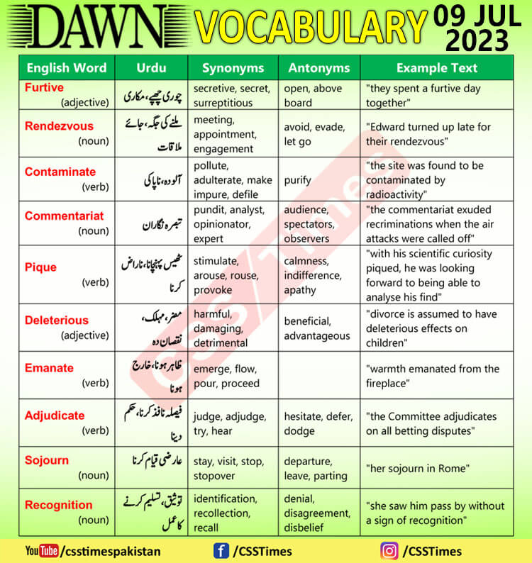 Daily DAWN News Vocabulary with Urdu Meaning (09 July 2023)