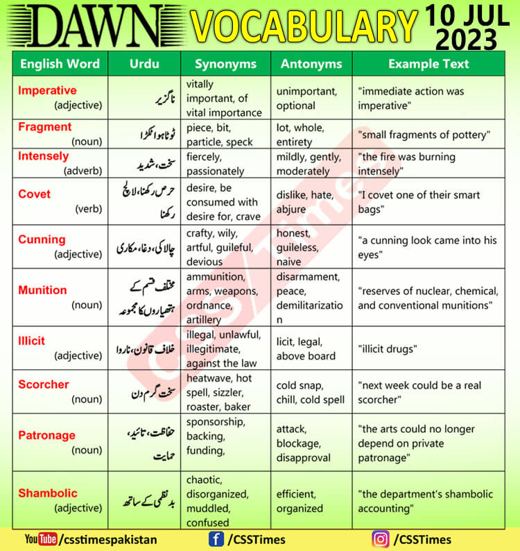 Daily DAWN News Vocabulary with Urdu Meaning (10 July 2023)
