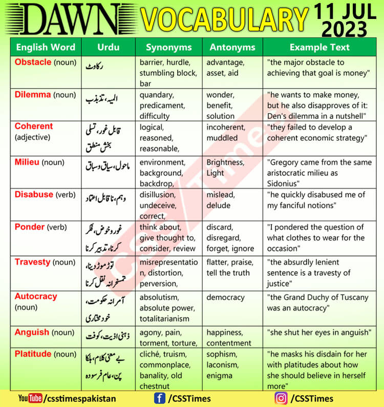 Daily DAWN News Vocabulary with Urdu Meaning (11 July 2023)