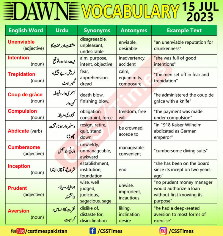 Daily DAWN News Vocabulary with Urdu Meaning 15 July 2023