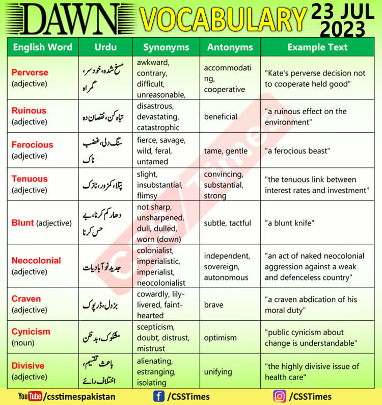 Daily DAWN News Vocabulary with Urdu Meaning (23 July 2023)