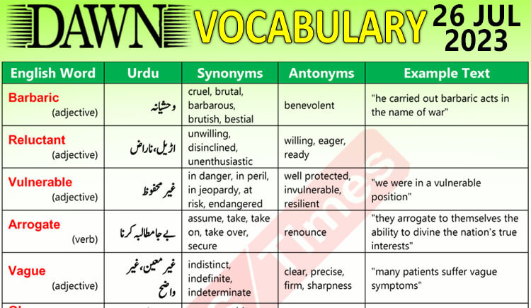 Daily DAWN News Vocabulary with Urdu Meaning (26 July 2023)