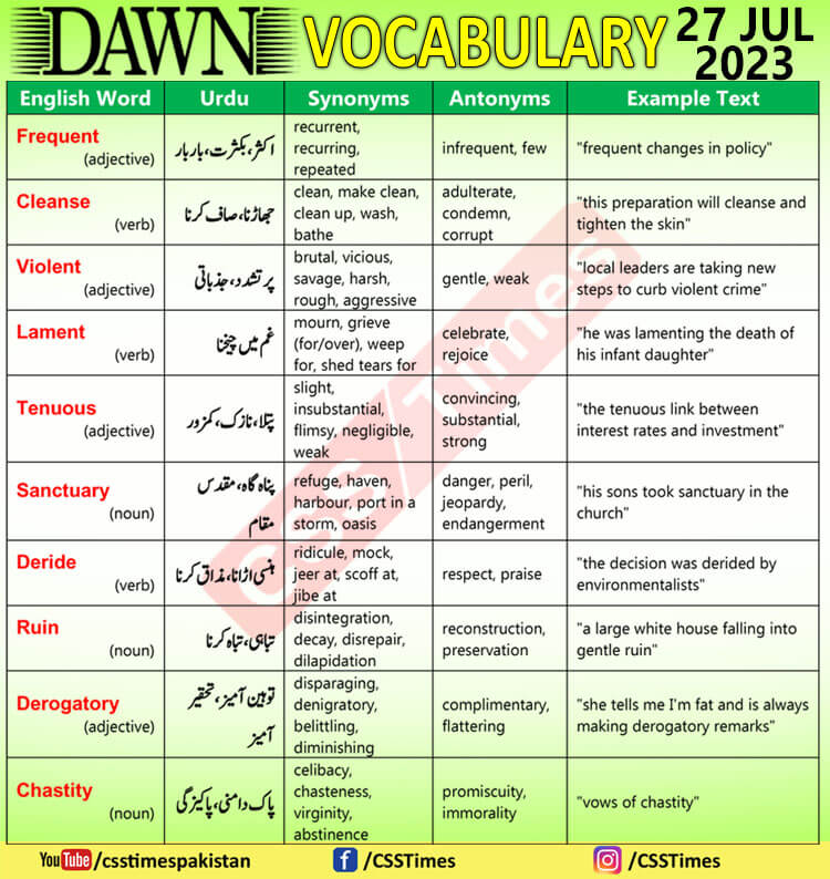 Daily DAWN News Vocabulary with Urdu Meaning (27 July 2023)