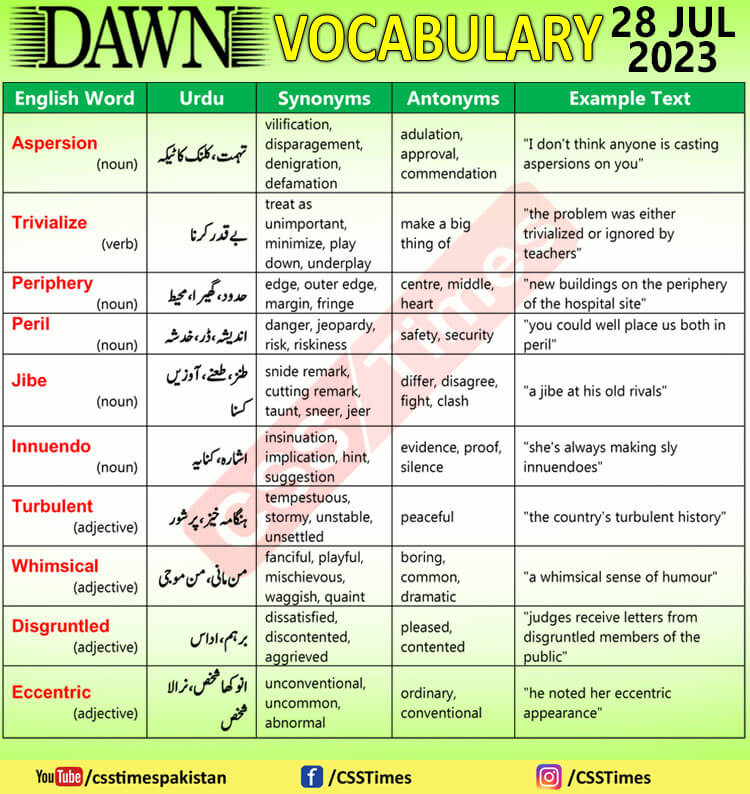 Daily DAWN News Vocabulary with Urdu Meaning (28 July 2023)