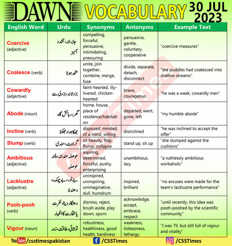 Daily DAWN News Vocabulary with Urdu Meaning (30 July 2023)