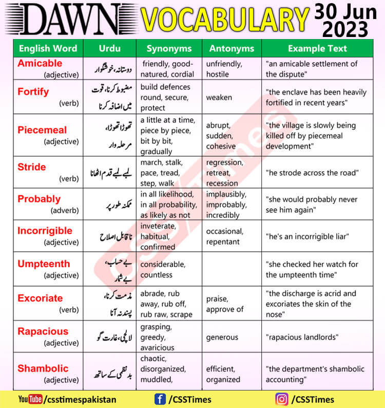Daily DAWN News Vocabulary with Urdu Meaning (30 June 2023)