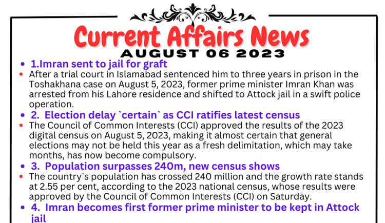 Daily Top-10 Current Affairs MCQs / News (August 06 2023) for CSS