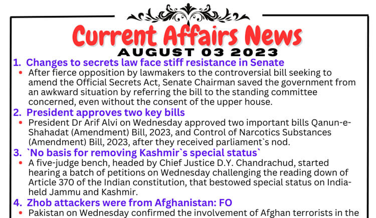 Daily Top-10 Current Affairs MCQs / News (August 03 2023) for CSS