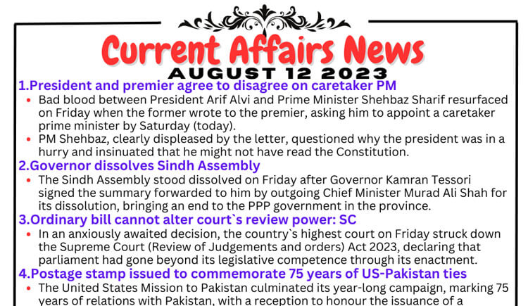 Daily Top-10 Current Affairs MCQs / News (August 12 2023) for CSS