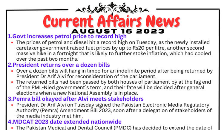 Daily Top-10 Current Affairs MCQs / News (August 16 2023) for CSS